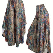 Resim Kadın Yüksek Bel Paisley Baskılı Geniş Bacaklı Pantolon - Canlı Mavi, Yeşil, Turuncu ve Kahverengi Geometrik Desen, Asimetrik Ruffle Hemli Elastik Bel, Bahar/Yaz Rahat Giyim İçin Bol Kesim, Yüksek Bel Tayt, Bahar Yaz Modası, Canlı Baskılı Pantolon, Rahat Kumaş 