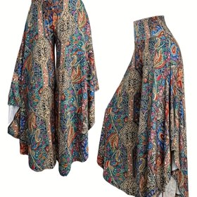 Resim Kadın Yüksek Bel Paisley Baskılı Geniş Bacaklı Pantolon - Canlı Mavi, Yeşil, Turuncu ve Kahverengi Geometrik Desen, Asimetrik Ruffle Hemli Elastik Bel, Bahar/Yaz Rahat Giyim İçin Bol Kesim, Yüksek Bel Tayt, Bahar Yaz Modası, Canlı Baskılı Pantolon, Rahat Kumaş 