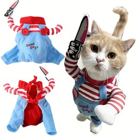 Resim Cadılar Bayramı Kedi Kostümü - Komik Bıçak Sallayan Evcil Hayvan Kıyafeti, Kırmızı & Beyaz Çizgili Gömlek, Mavi Tulum & "İyi Köpek" Yazılı, Küçük Kediler İçin Dayanıklı Polyester, Cadılar Bayramı Partileri & Fotoğraf Aksesuarları İçin Mükemmel, Kediler İçin Cadılar Bayramı Kostümleri, Eğlenceli Tasarım, Rahat Giyim, Kediler İçin Giyim, Kostüm Seti 