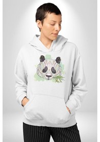 Resim Panda Mandala Kadın Erkek Beyaz Kapüşonlu Sweatshirt Hoodie Beyaz 