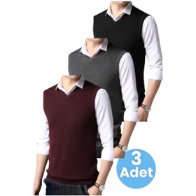 Resim Tezzgelsin 3'lü Erkek V Yaka Triko Tüylenmez Süveter Erkek Slim Fit Süveter Bordo - Füme - Siyah 