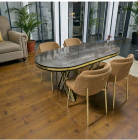 Resim Msy Home 6 Kişilik Aura Gold Serisi İroni Lake Oval Yemek Masası Ve Puffy Cappuccino Sandalye Takımı Modern Cappuccino 