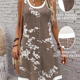 Resim Casual Moda Renk Bloğu Yama Full-Body Baskılı Çiçek Düğme Cebi Grafik Nefes Alabilen 3D Baskılı Yuvarlak Yaka Yele Elbise. Yeni Kadınlar için Casual Midi Etek. Casual Tatil Kadınlar için Kolsuz A-Line Orta Boy Elbise. 