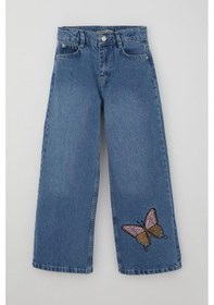 Resim Breeze Kız Çocuk Jean Pantolon Kelebek Nakışlı Düğmeli Fermuarlı 10-14 Yaş, Mavi Mavi 