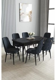 Resim Loft Siyah Mermer 80x132 Açılabilir Mdf Masa Yemek Odası Takımı, Mutfak Takımı 6 Sandalye Antrasit 