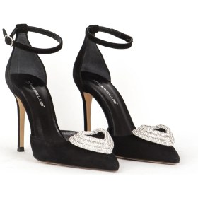 Resim Dericlub Kadın Taşlı Bilek Bağlama Sivri Burun Stiletto Süet Gerçek Deri Sy 27495 Siyah 