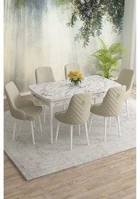 Resim Meri Serisi 80x132 Açılabilir Mdf Beyaz Mermer Desen Masa Takımı 6 Antrasit Sandalye Krem 