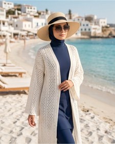 Resim Trend Kapında Yazlık Ajurlu Uzun Önü Açık Triko Kimono Kaftan, Plaj Giyim 