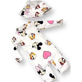 Resim Lolliboomkids Unisex Çocuk Mayo Yarım Vücut Güneş Koruma Hassas Ten Sevimli Mickey Baskı Desen Mayo Şapka Hediyeli Ekru 