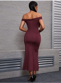 Resim Efnaz Style Kadın Omzu Açık Madonna Yaka V Çentik Detaylı Uzun Dalgıç Elbise Bordo 