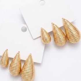 Resim Gold Renk Taşlı İncili Renkli Zarif Minimalist 3'lü Kadın Metal Küpe (2 Adet) 