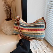 Resim Gökkuşağı Çizgili Kadın Dokuma Crossbody Çanta - Hafif Kumaş Plaj Tote, Seyahat, Tatil ve Günlük Kullanım için Geniş Fermuarlı Omuz Çantası, Casual El Çantası, Doğal Doku Bitimi 