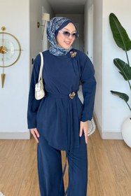 Resim Tesettür Diyarı Ardila Modal Kumaş Yandan Bağlamalı Broşlu Tesettür Takım- Lacivert 