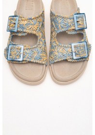 Resim Luvishoes Luvi Shoes Mılana Mavi Desenli Hakiki Deri Tokalı Çift Bantlı Kadın Terlik Mavi 
