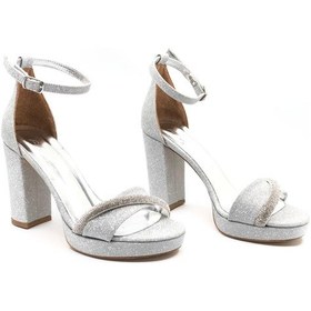 Resim Feles Şerit Taş Detaylı Tek Bant Platform 11 Cm Topuklu Kadın Ayakkabı Gümüş-simli 