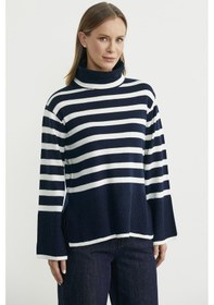 Resim Sementa Yünlü Tam Balıkçı Çizgili Triko Kazak - Lacivert Lacivert 