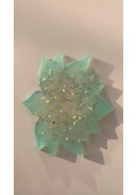 Resim Turkuaz Lotus Çiçeği Desen Gümüş Glitterli Epoksi Bardak Altlığı Turkuaz 