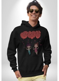 Resim Sevgili Balon Aşk Salıncak Sevgililer Günü Kadın Erkek Siyah Kapüşonlu Sweatshirt Hoodie Siyah 