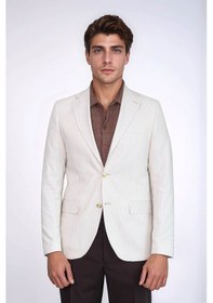 Resim Ekru Çizgili Keten Dokulu Gold Renk Metal Düğmeli Slim Fit Erkek Blazer Ceket Wessi Cream 