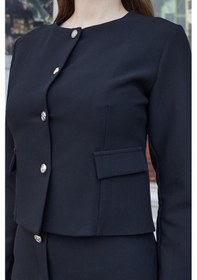 Resim Kadın Hafif Esnek Kumaş Geniş Sıfır Yaka Cep Kapaklı Uzun Kol Dar Kesim Hafif Kısa Blazer Ceket-siyah Siyah 