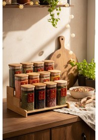 Resim Snippy Lunver - 12'li Ahşap Standlı Vakumlu Etiketli Akrilik Saklama Kabı Baharatlık Seti 350 Ml Ahşap 