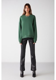 Resim Grimelange Susana Kadın Bisiklet Yaka Içi Polarlı Oversize Fit Basic Yeşil Sweatshirt 