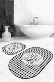 Resim RealHomes Real Homes Siyah Beyaz Ekose Home Sweet Temalı 2'li Oval Kaymaz Tabanlı Banyo Paspas Takımı ve Mutfak Halısı 
