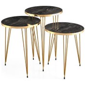 Resim Yuvarlak Ahşap Zigon Sehpa 3 Lü Firkete Ayaklı Siyah Mermer 