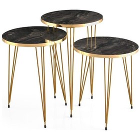 Resim Yuvarlak Ahşap Zigon Sehpa 3 Lü Firkete Ayaklı Siyah Mermer 