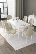 Resim Canisa Nex Serisi 80x132 Açılabilir Mdf Beyaz Masa Takımı ve Gümüş Halka 6 Lacivert Sandalye 