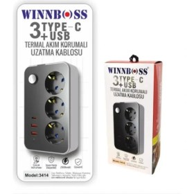 Resim Gunkes WINNBOSSTermal Akım Korumalı USB ve Type-C 2.1A Şarj Çıkışlı 10A 2500W 3'lü Uzatma Grup Priz 2 Metre 