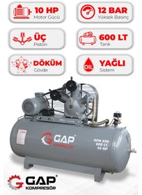 Resim Hava Kompresörü Pistonlu 600 Lt 3 Kafa 12 Bar 10 Hp Gpk 600 