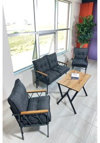 Resim Ard & Garden Miray 211 Masalı Antrasit Fermuarlı Bahçe Balkon Takımı, Salon, Teras- Berjer Düğmeli Metal Çay Seti Gri 