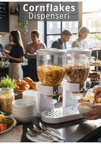 Resim 2 Li Cornflakes Dispenseri 7 L Çift Hazneli Müsli Granola Kuruyemiş Kahvaltı Tahılları Sunum Aparatı Beyaz 