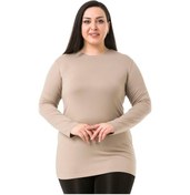 Resim Büyük Beden Bisiklet Yaka Uzun Kollu Viskon Kum Rengi Body 