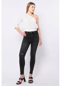 Resim Kadın Antrasit Dizi Yırtık Süper Skinny Fit Jean Pantolon 001 