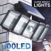 Resim 5 Başlı 300 LED Güneşli Dış Mekan Sel Lambası Hareket Sensörü, Uzaktan Kumanda, 3 Mod - Garaj, Patio, Bahçe, Kamp Alanı, Açık Hava Güvenlik Aydınlatması için İdeal | Modern Dış Mekan Lambası | Dayanıklı Yapı, Güneş Lambaları 