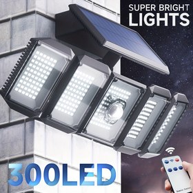 Resim 5 Başlı 300 LED Güneşli Dış Mekan Sel Lambası Hareket Sensörü, Uzaktan Kumanda, 3 Mod - Garaj, Patio, Bahçe, Kamp Alanı, Açık Hava Güvenlik Aydınlatması için İdeal | Modern Dış Mekan Lambası | Dayanıklı Yapı, Güneş Lambaları 