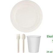 Resim Ekolojik 22 Cm. 24 Kişilik Parti Piknik Sofra Sunum Seti - Doğal Tabak Bardak Çatal Kaşık Takımı 