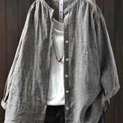Resim Şık Büyük Beden Kadınlar için Bol Kesim Çekmece Yaka Bluz - Siyah ve Beyaz Gingham Baskılı, Uzun Kollu, Düğmeli Yaka ile Ruffled Yaka, Esnek Olmayan Kumaş, Bahar/Sonbahar için Mükemmel, Günlük Şık Bluz | Düğmeli Üst | Esnek Olmayan Kumaş 