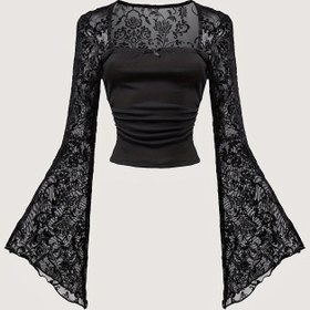 Resim Kadınların Siyah Çan Kollu Dantel T-Shirt'i, Bir Yay ile 