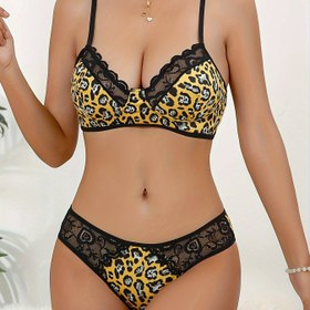 Resim Kadınlar için iç çamaşırı seti, leopar desenli, polyester ve elastan karışımı, örgü kumaş, yetişkin tarzıyla renk bloğu detayları, yetişkin kirpik sütyen ve külot seti için 
