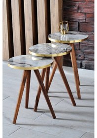 Resim Zigon Sehpa 3'lü Torna Ahşap Ayak Altın Efes Beyaz 