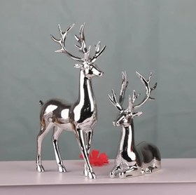 Resim Dekoratif Gümüş Kaplama Geyik Heykeli, 15,5 cm ve 11 cm, 2'li Set, PS Malzeme, Oturma Odası ve TV Ünitesi için 