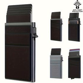 Resim Yenilikçi, Erkekler için Şık Siyah Alüminyum Alaşımlı Cüzdan, Yan Pop RFID Engelleme, Çift Katmanlı Lycra Kumaş Arka ve Kredi Kartı Tutucu 