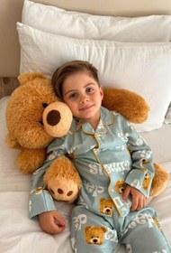 Resim Pollito Unisex Çocuk Önü Düğmeli Mavi Ayıcık Sleep Desenli 3 Parça Pijama takımı 