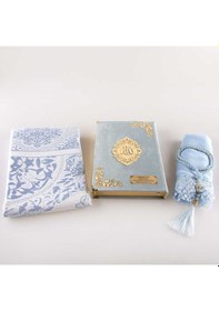 Resim Şal + Seccade + Tesbih + Kuran Set (Çanta Boy, Kadife, Açık Mavi) 