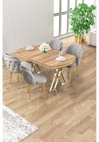 Resim Canisa Zae Serisi 90x168 Lak Panel Hazar Gold Ayak Masa Takımı 4 Gri Sandalye Hazar Masa Gri Sandalye Ayaklar Gold 