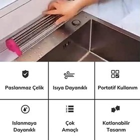 Resim BUFFER® Evye Üstü Katlanır Nihale Paslanmaz Çelik Pratik Sebze Meyve Bulaşık Kurutma Süzgeci 