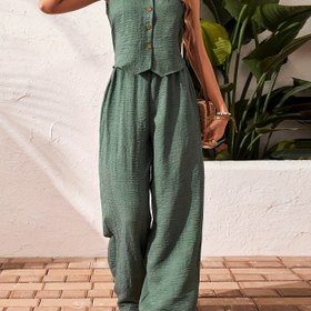 Resim Kadınların Şık Zeytin Yeşili Kolsuz Jumpsuit'u Düğme Detayı ile - Polyester, Tüm Mevsimler için Tatil Kıyafeti, Bol Kesim, Geniş Bacaklar, Günlük Giyim|Tatil Giyim|Polyester Jumpsuit 